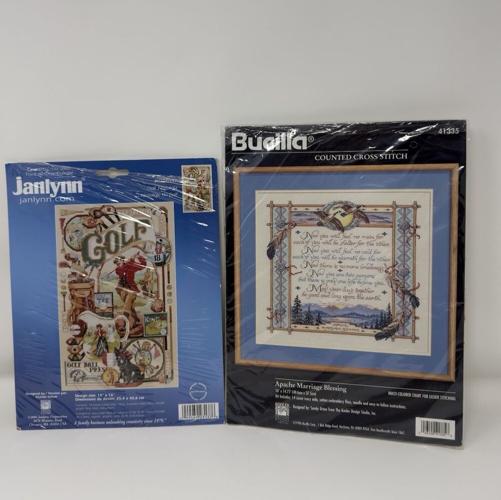 Lot 2 VTG Cross Stitch Kits Janlynn Golf Nostalgia and Bucilla Apache Marriage